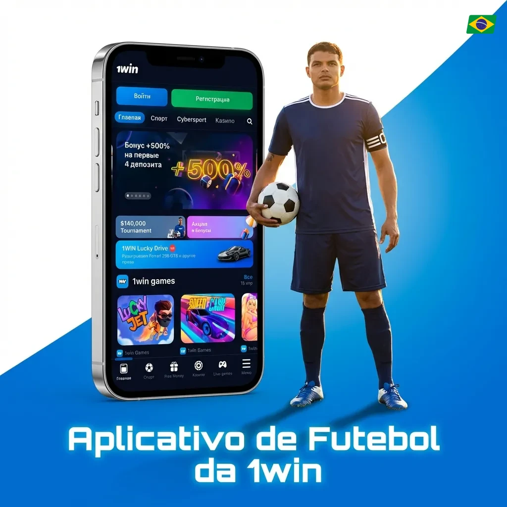 Smartphone exibindo app de apostas de futebol 1win com opções de download para Android e iOS