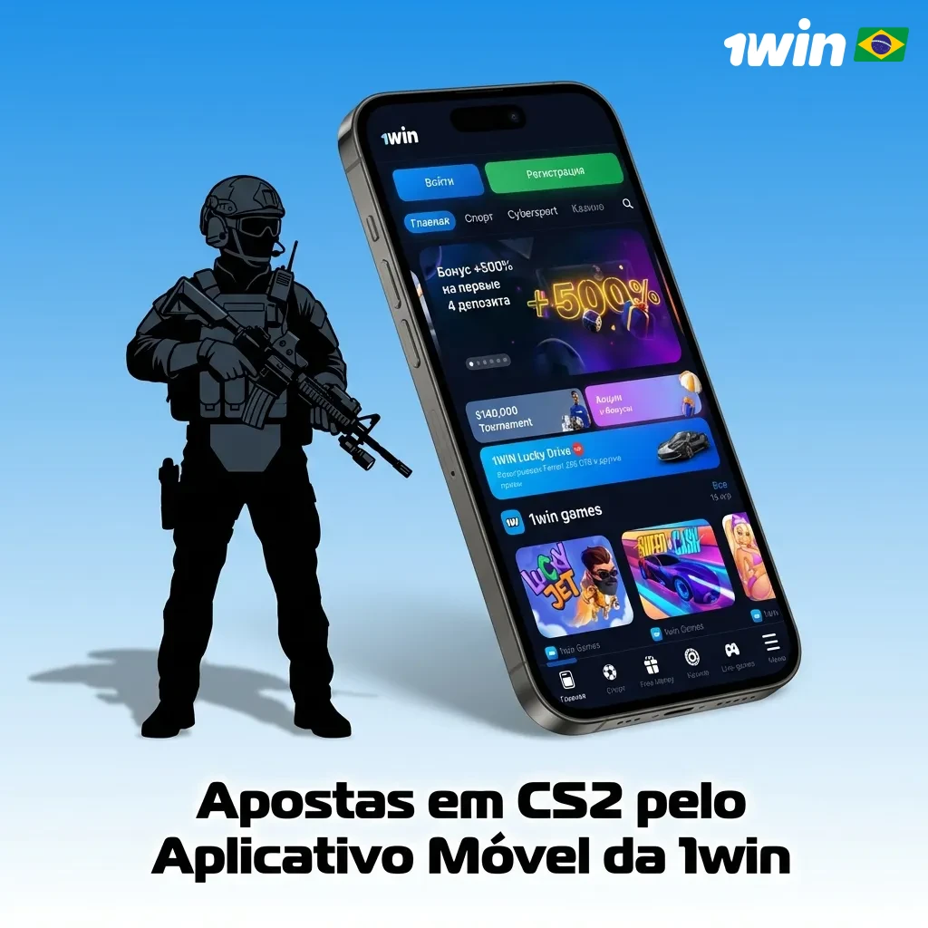 Tela de celular mostrando app 1win com partida de CS2 e opções de apostas em eSports