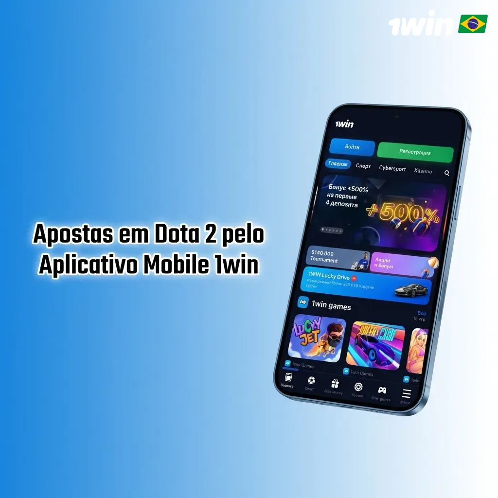 Smartphone exibindo interface do aplicativo 1win com opções de apostas em partidas de Dota 2 e mercados disponíveis