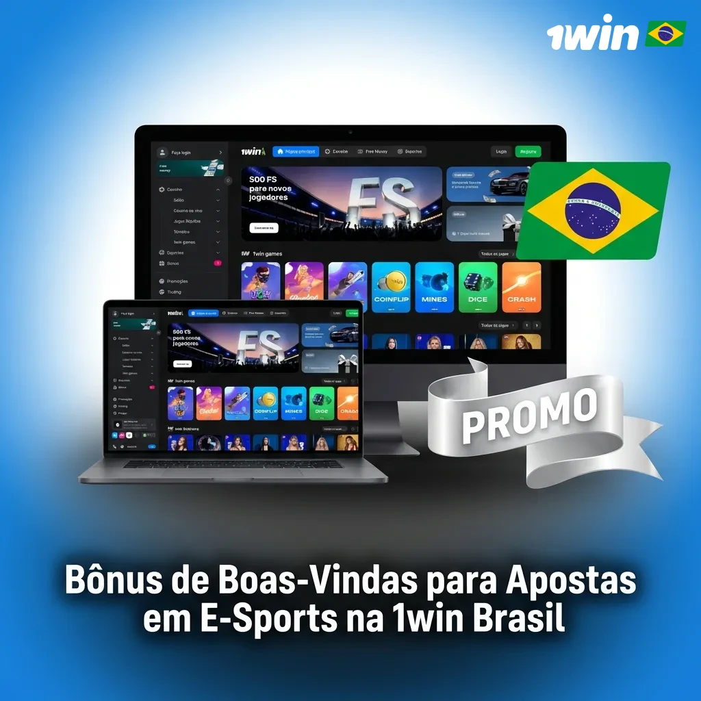 1win Brasil welcome bonus of 500% up to R$ 11,200 for esports betting with registration and deposit steps illustrated