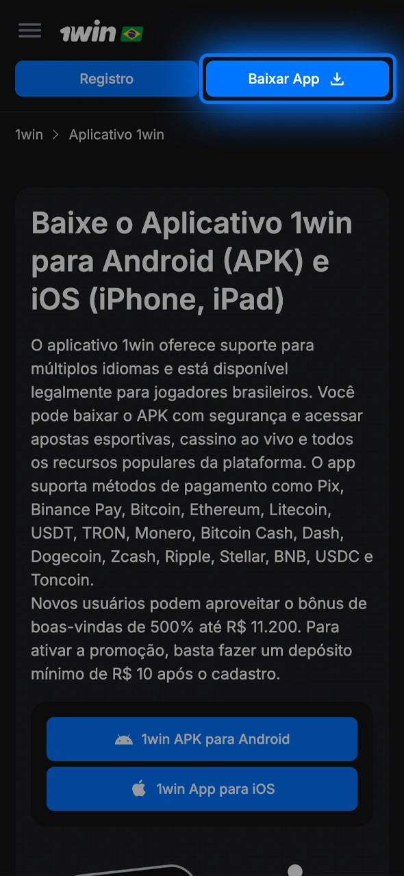 Jogue e ganhe com o app 1win; comece baixando o arquivo oficial diretamente no seu Android ou iOS.