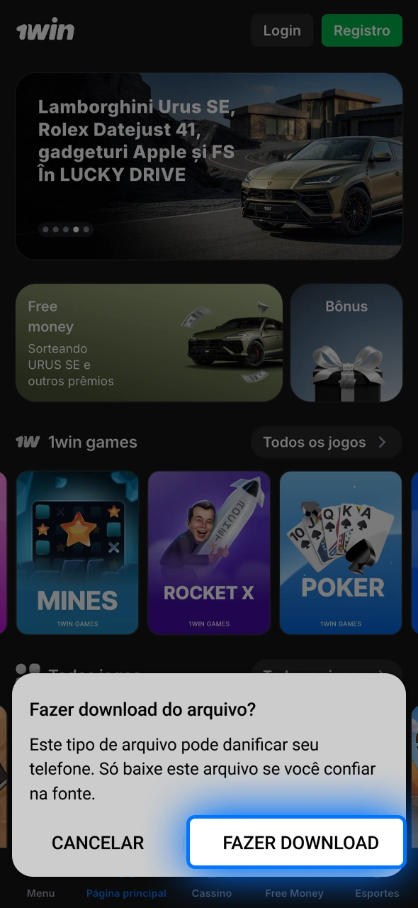 Aceite a notificação do navegador para salvar o instalador da 1win, garantindo que o arquivo seja baixado corretamente em sua pasta de downloads.