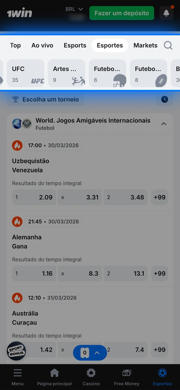 Navegue pelo amplo catálogo da 1win e selecione entre Brasileirão, NBA, Grand Slams e muito mais.