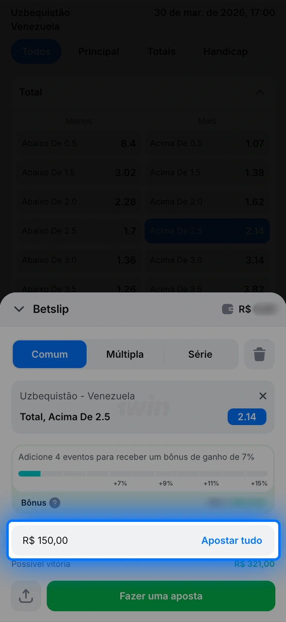 Defina quanto deseja apostar no seu palpite dentro do bilhete de apostas intuitivo da 1win.