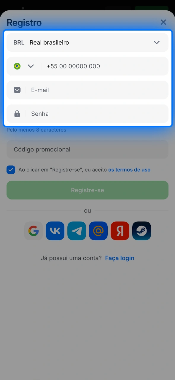 Insira suas informações básicas no formulário do app 1win, garantindo a segurança da sua conta desde o início.