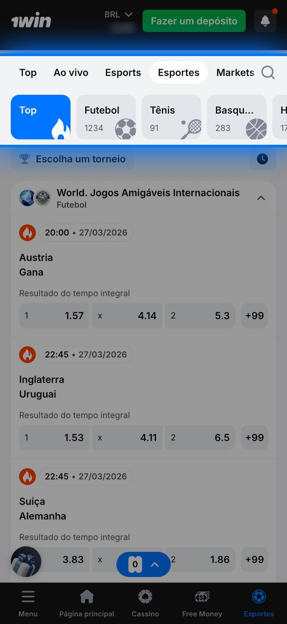 Explore a diversidade da 1win, desde o futebol nacional até os torneios internacionais de eSports.
