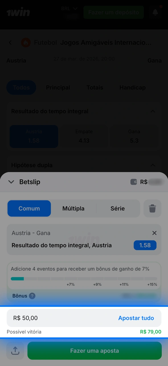 Coloque a quantia que deseja investir no mercado selecionado dentro da plataforma 1win.