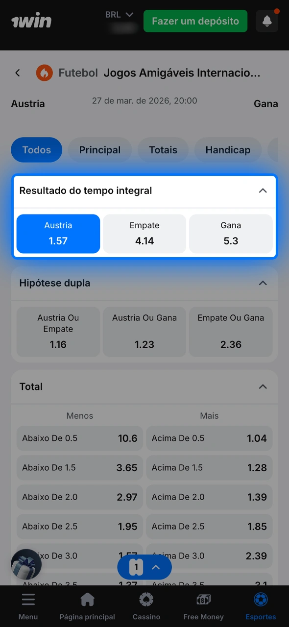 Clique nas cotações competitivas da 1win para adicionar a seleção escolhida ao seu cupom de apostas.