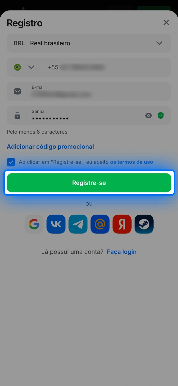 Aceite os termos e condições da 1win para concluir seu registro e liberar o bônus de boas-vindas.