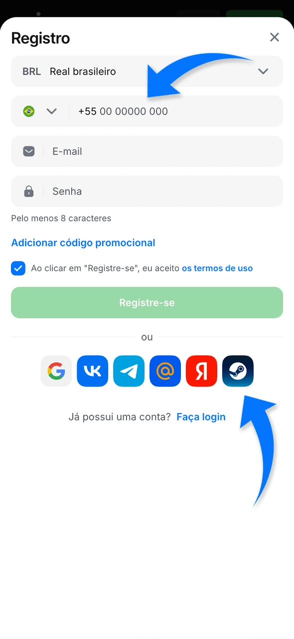 Na 1win, você pode se cadastrar rapidamente via redes sociais ou através do formulário completo por e-mail.