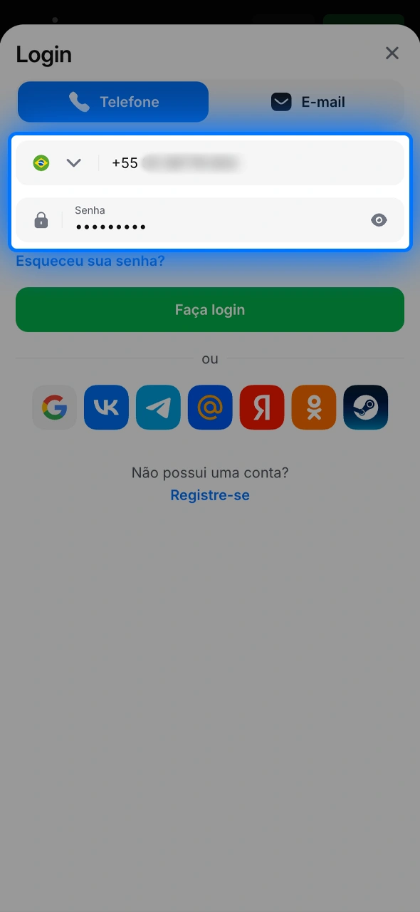 Coloque seu e-mail ou número de telefone cadastrado e sua senha secreta da 1win.