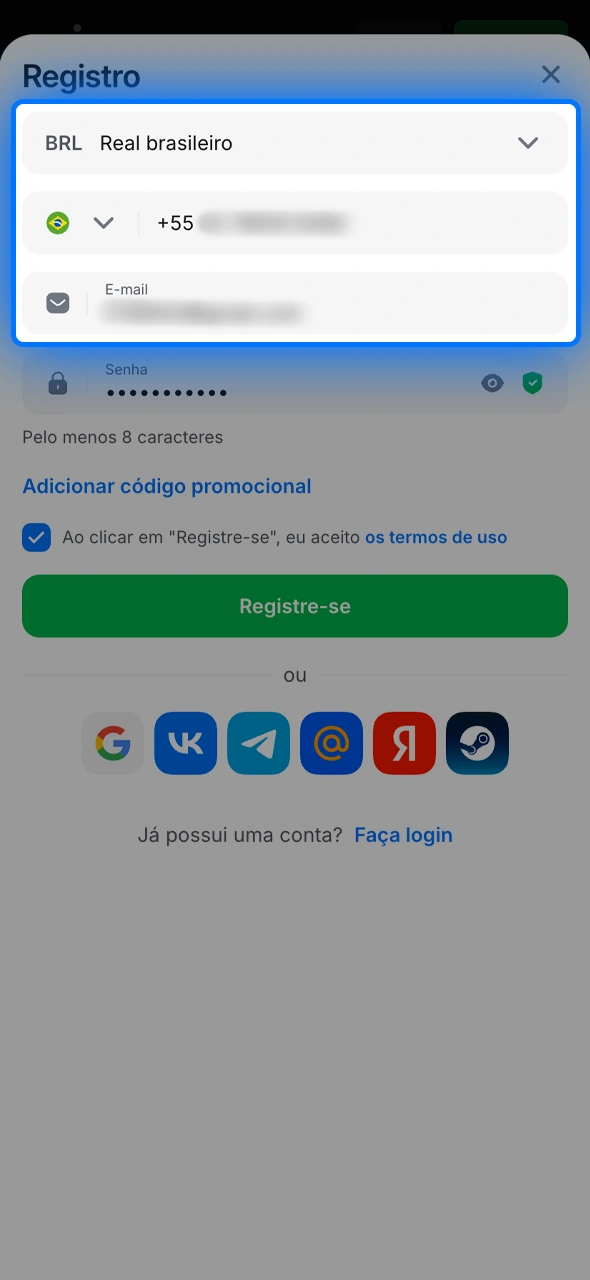 Digite seus dados de contato e escolha a moeda (BRL) para facilitar suas transações na 1win.